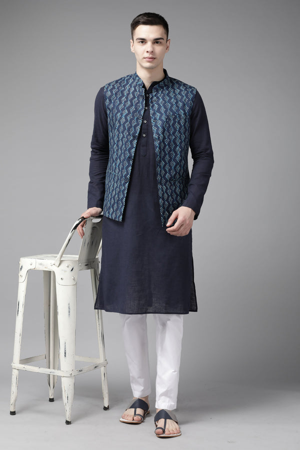 Men Blue & Beige Printed Pure Cotton Neharu jacket | womensfashionfun