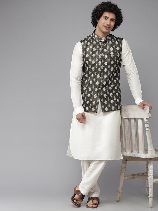 Men Black & White Woven Jacquard Neharu jacket | WomensFashionFun.com