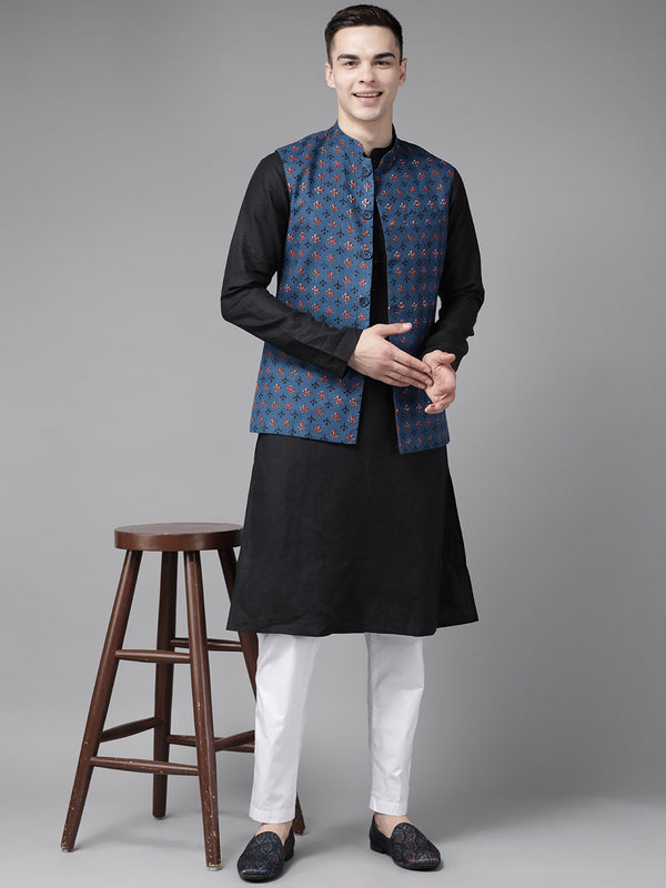 Men Blue & Beige Printed Pure Cotton Neharu jacket | WomensFashionFun.com