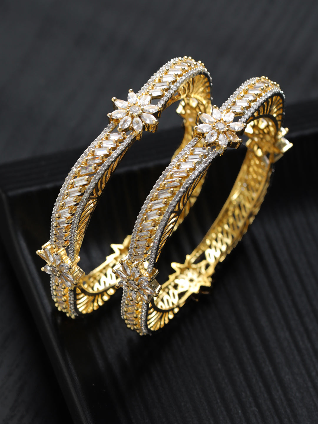 Floral American Diamond Gold-Plated Bangle Set of 2
