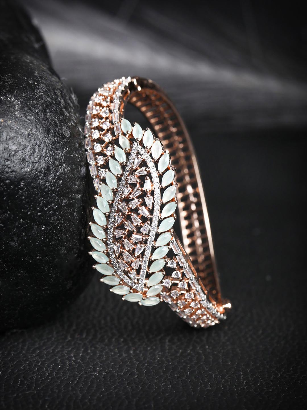 Women American Diamond Rose Gold Plated Leaf Bangle Style Bracelet