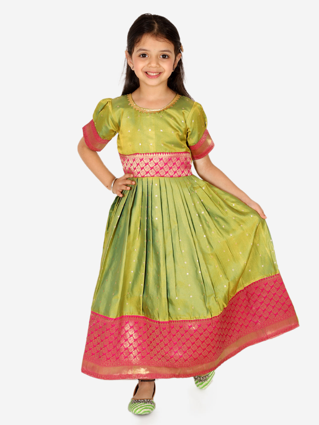 Ethnic Silk Booti Party Dress Gown for Girls- Green