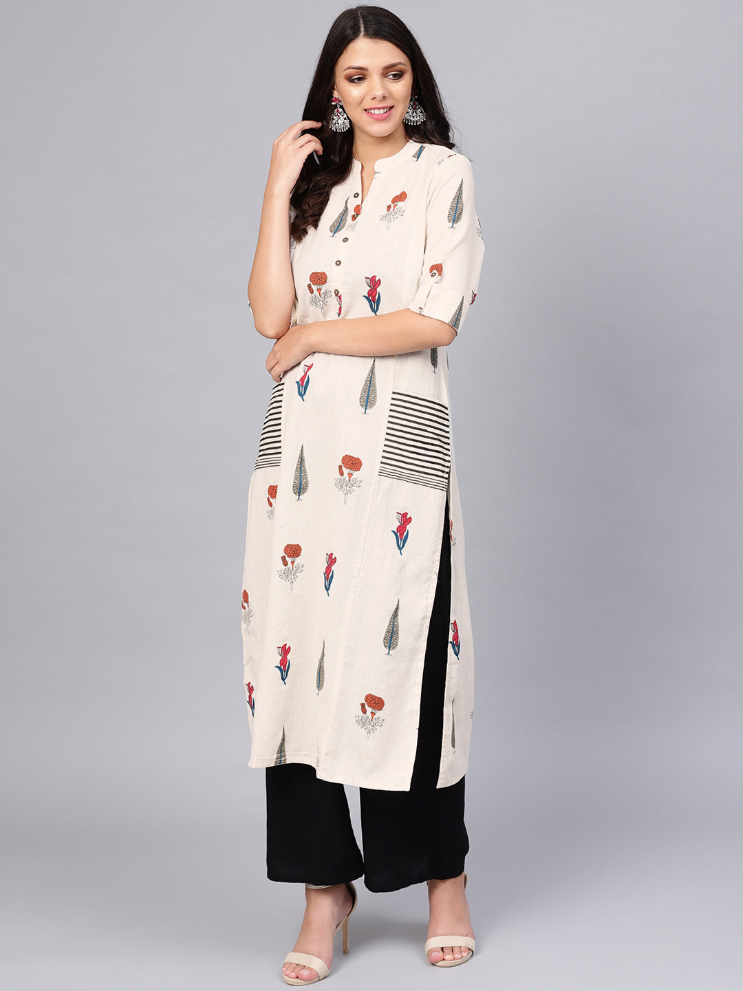 Divena Women's Off White Regular A-Line Calf Long Kurta