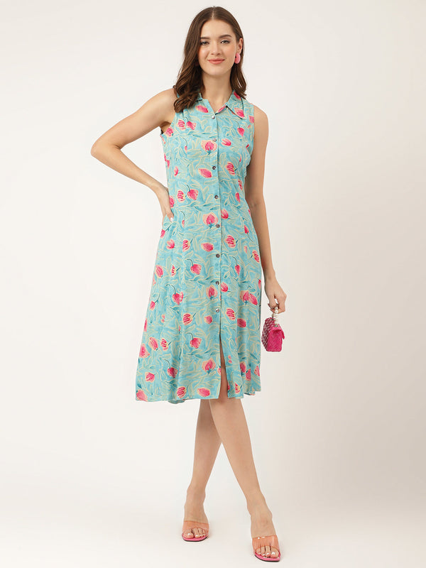 Blue Floral Print Rayon A-Line Midi Dress with Attached Sleeves for Women | womensfashionfun