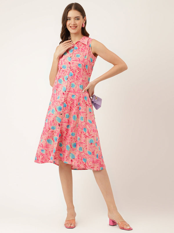 Pink Floral Print Rayon A-Line Midi Dress with Attached Sleeves for Women | womensfashionfun