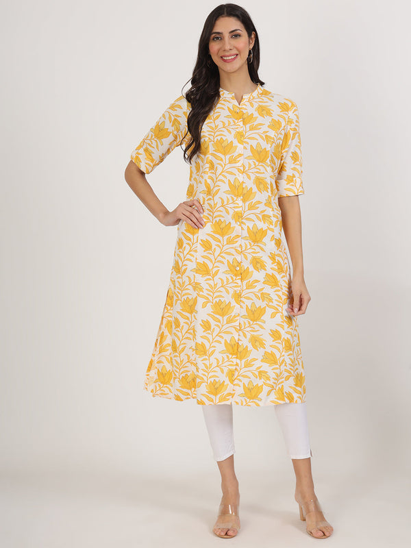 Women Yellow Floral Printed Rayon A-line Kurta | womensfashionfun