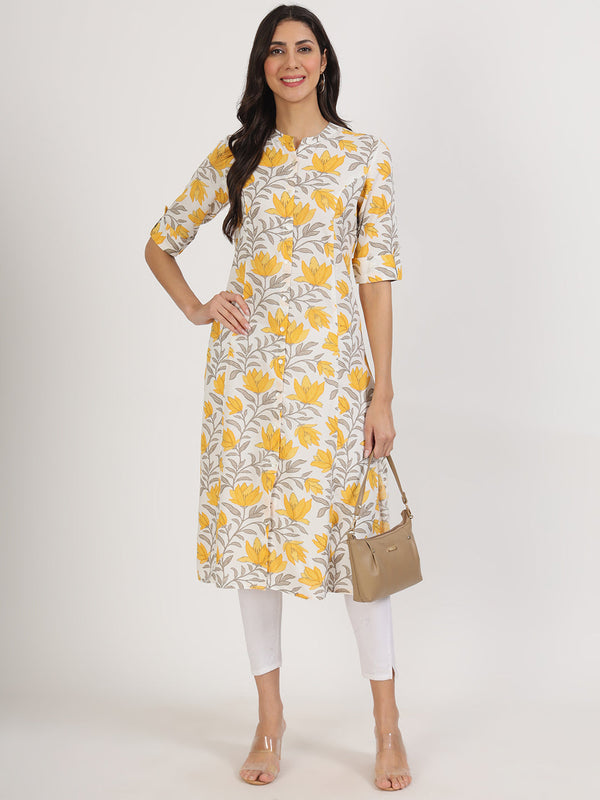 Women Yellow Floral Printed Rayon A-line Kurta | womensfashionfun