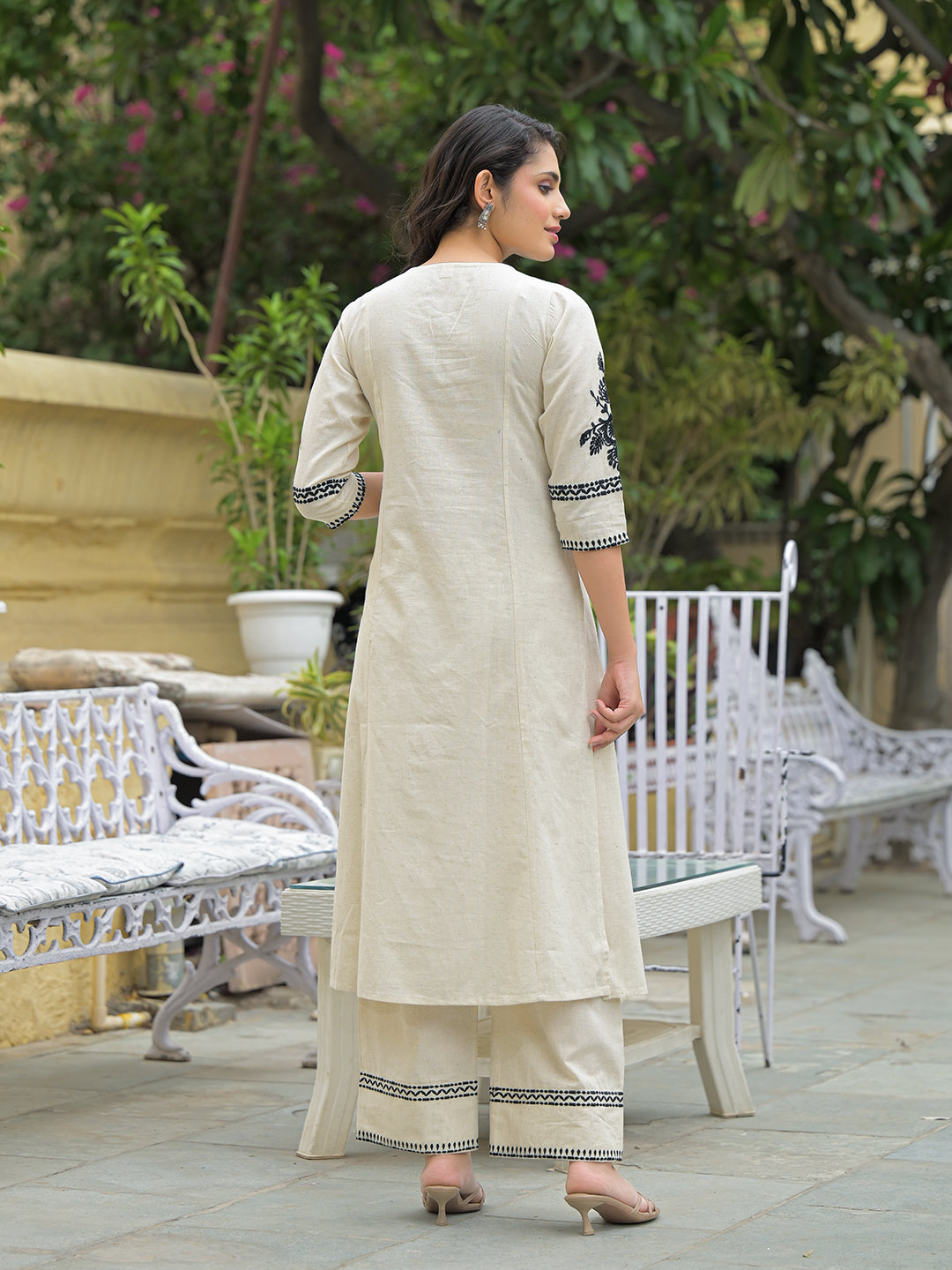 Divena Off White Solid Black Embroidery Kurta Pant Set