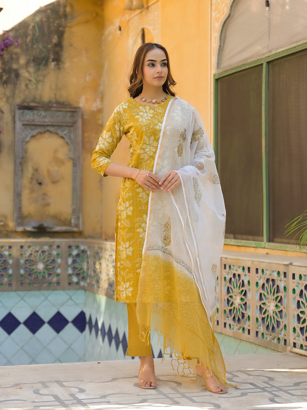 Divena Mustard Floral Print Cotton Straight fit Kurta Pant with Dupatta