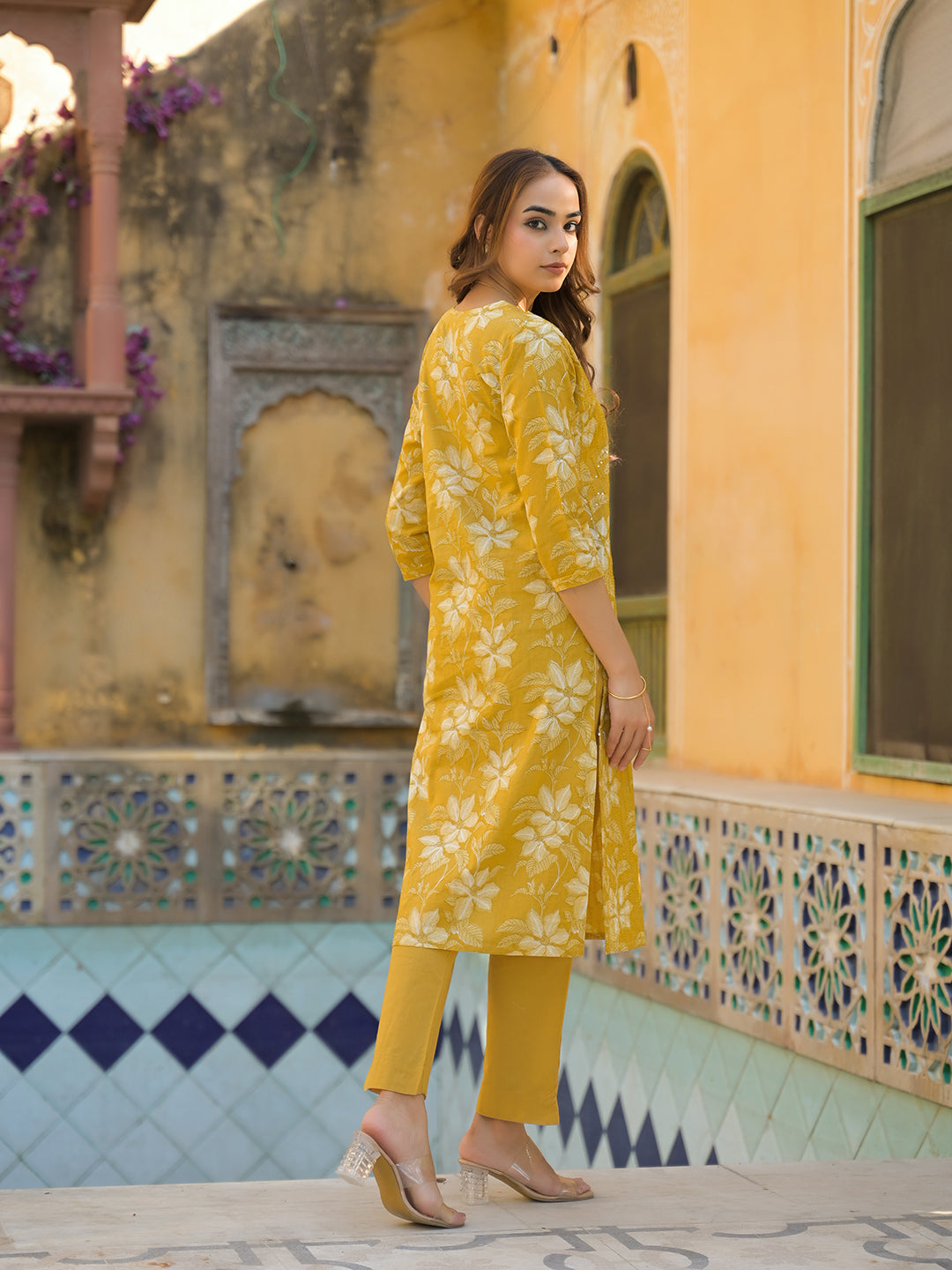 Divena Mustard Floral Print Cotton Straight fit Kurta Pant with Dupatta