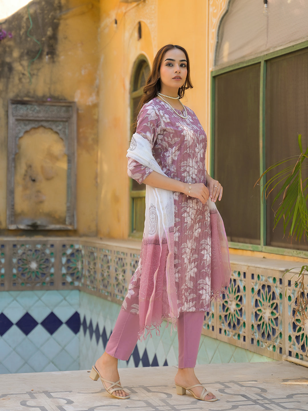 Divena Peach Floral Print Cotton Straight Kurta Pant with Dupatta