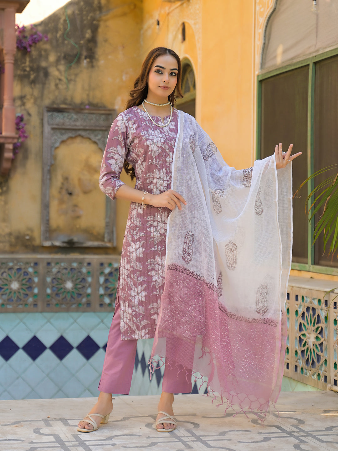 Divena Peach Floral Print Cotton Straight Kurta Pant with Dupatta