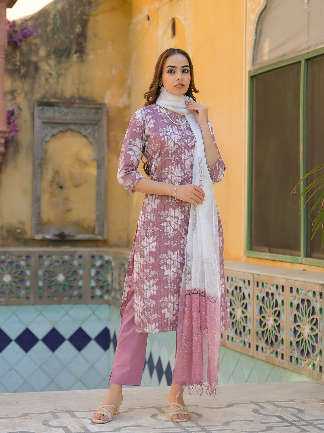 Divena Peach Floral Print Cotton Straight Kurta Pant with Dupatta