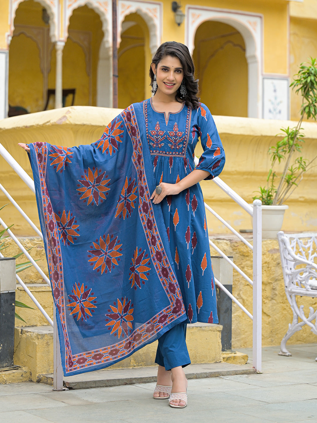 Divena Navy Blue Cotton Embroidery Kurta Pant Set with Dupatta