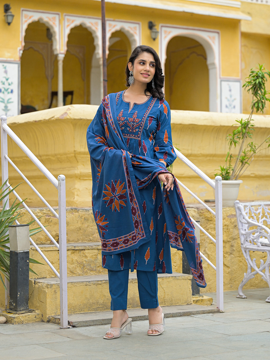 Divena Navy Blue Cotton Embroidery Kurta Pant Set with Dupatta