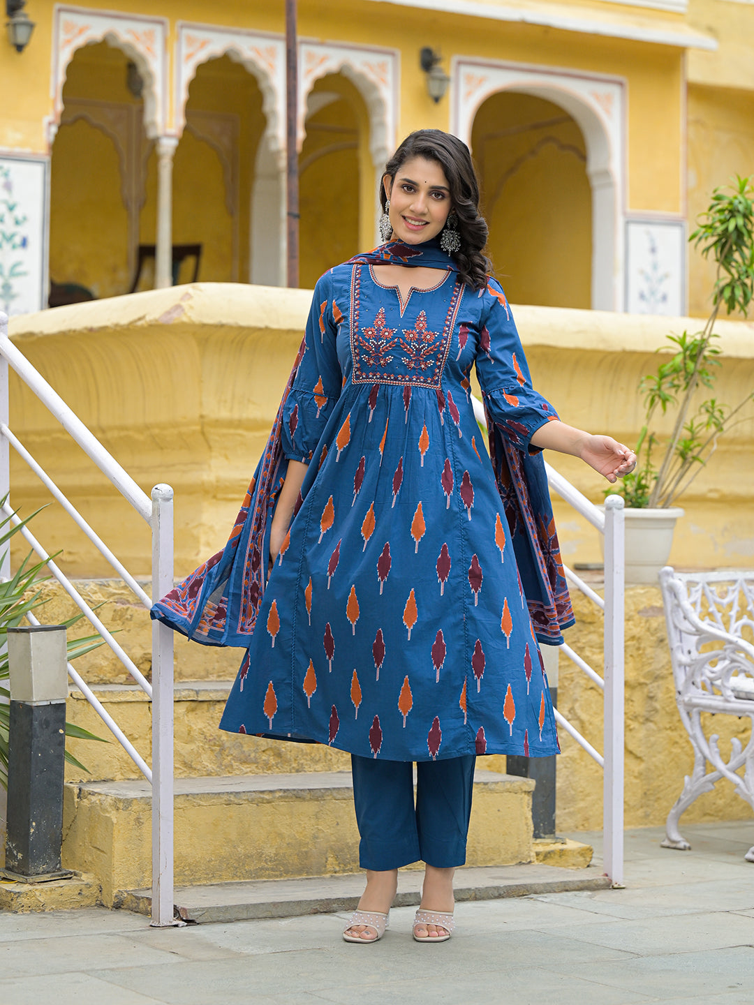 Divena Navy Blue Cotton Embroidery Kurta Pant Set with Dupatta
