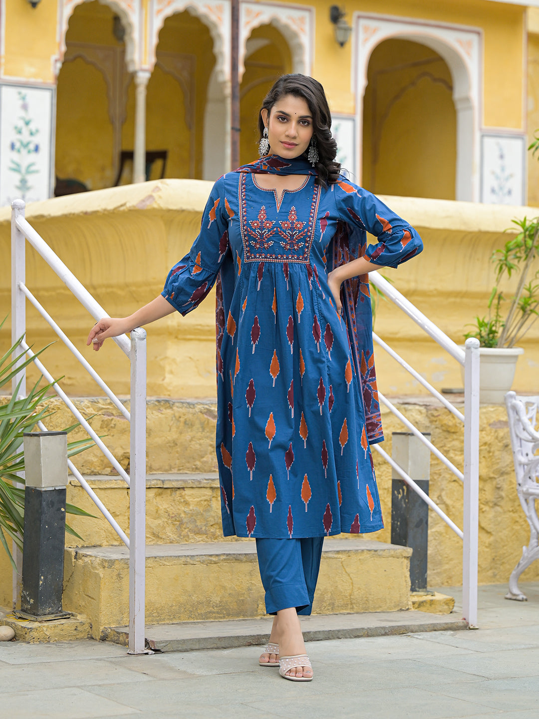 Divena Navy Blue Cotton Embroidery Kurta Pant Set with Dupatta