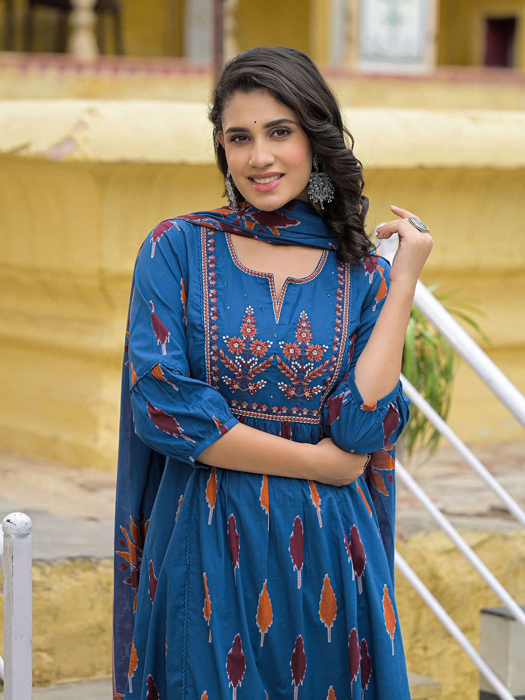 Divena Navy Blue Cotton Embroidery Kurta Pant Set with Dupatta