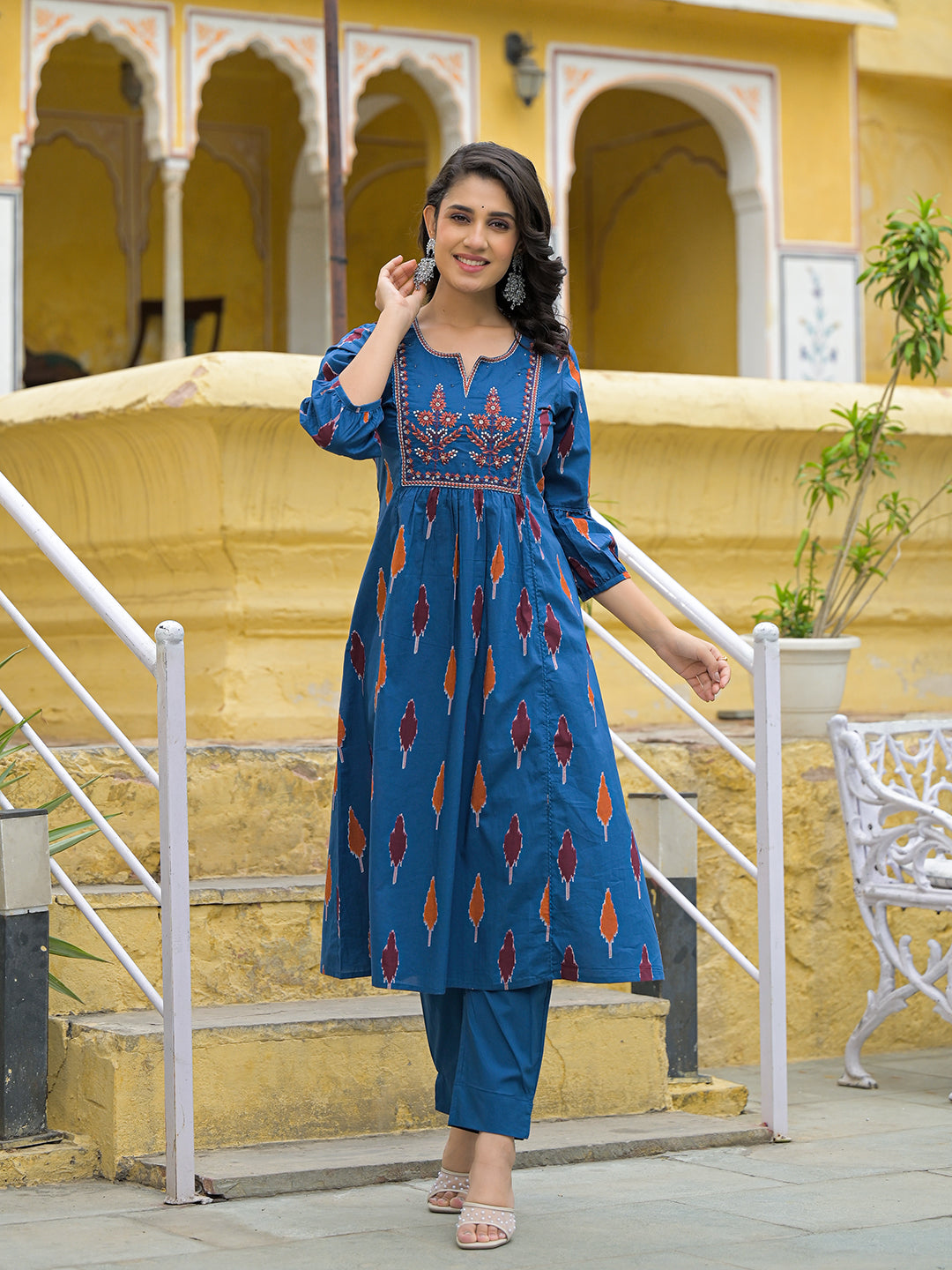 Divena Navy Blue Cotton Embroidery Kurta Pant Set with Dupatta
