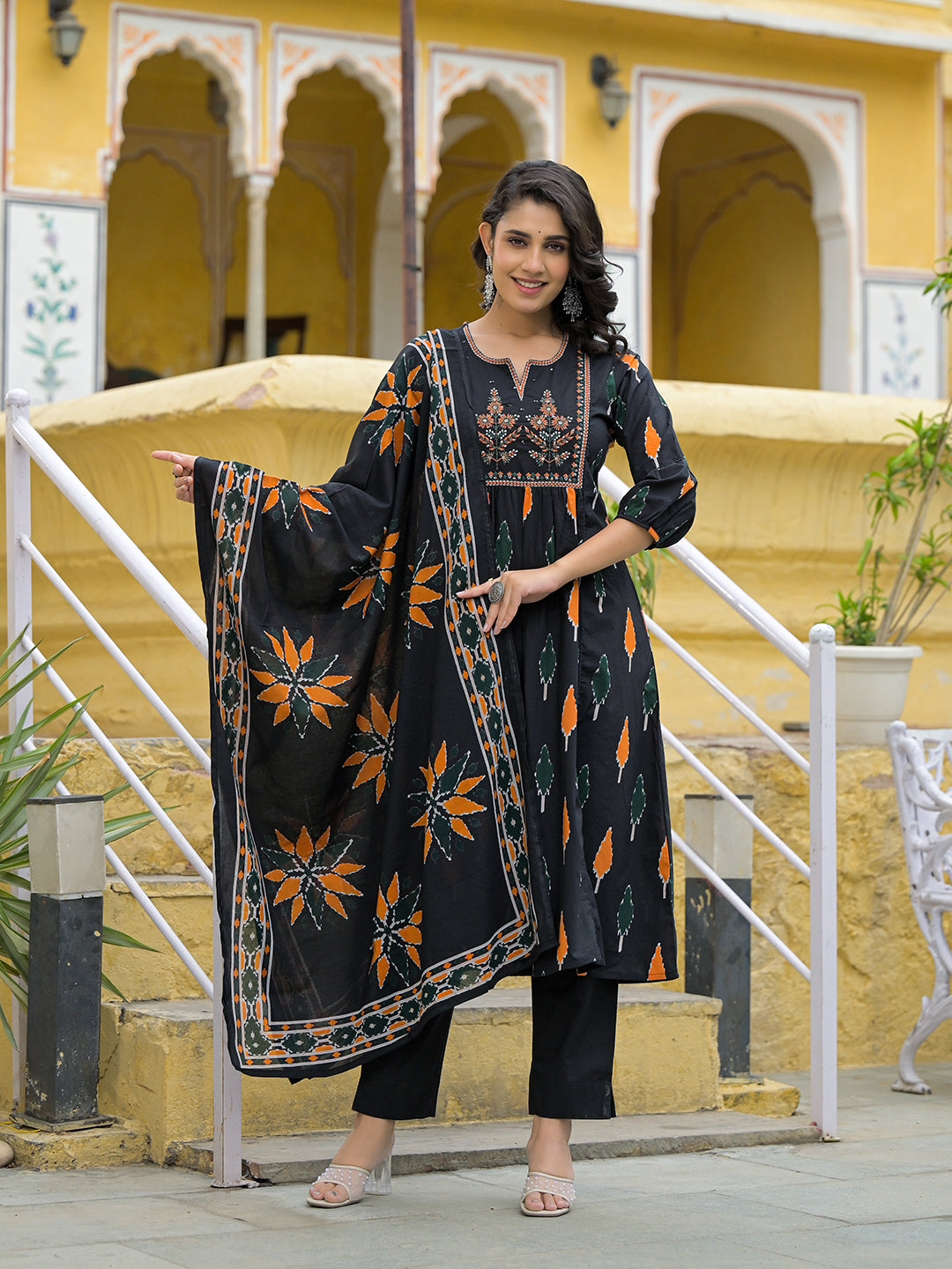 Divena Black Cotton Embroidery Kurta Pant Set with Dupatta