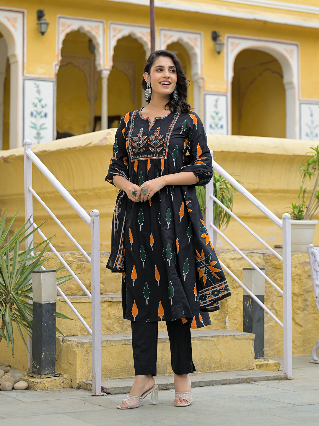 Divena Black Cotton Embroidery Kurta Pant Set with Dupatta