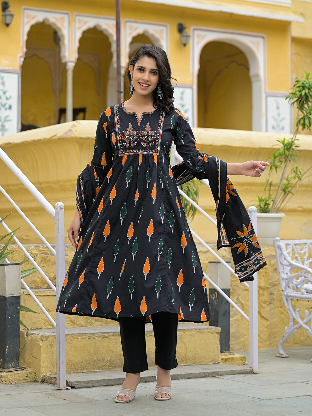Divena Black Cotton Embroidery Kurta Pant Set with Dupatta