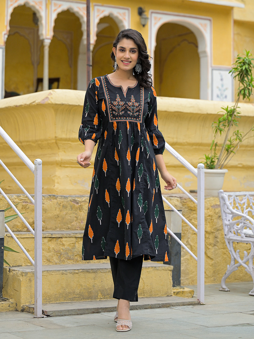 Divena Black Cotton Embroidery Kurta Pant Set with Dupatta