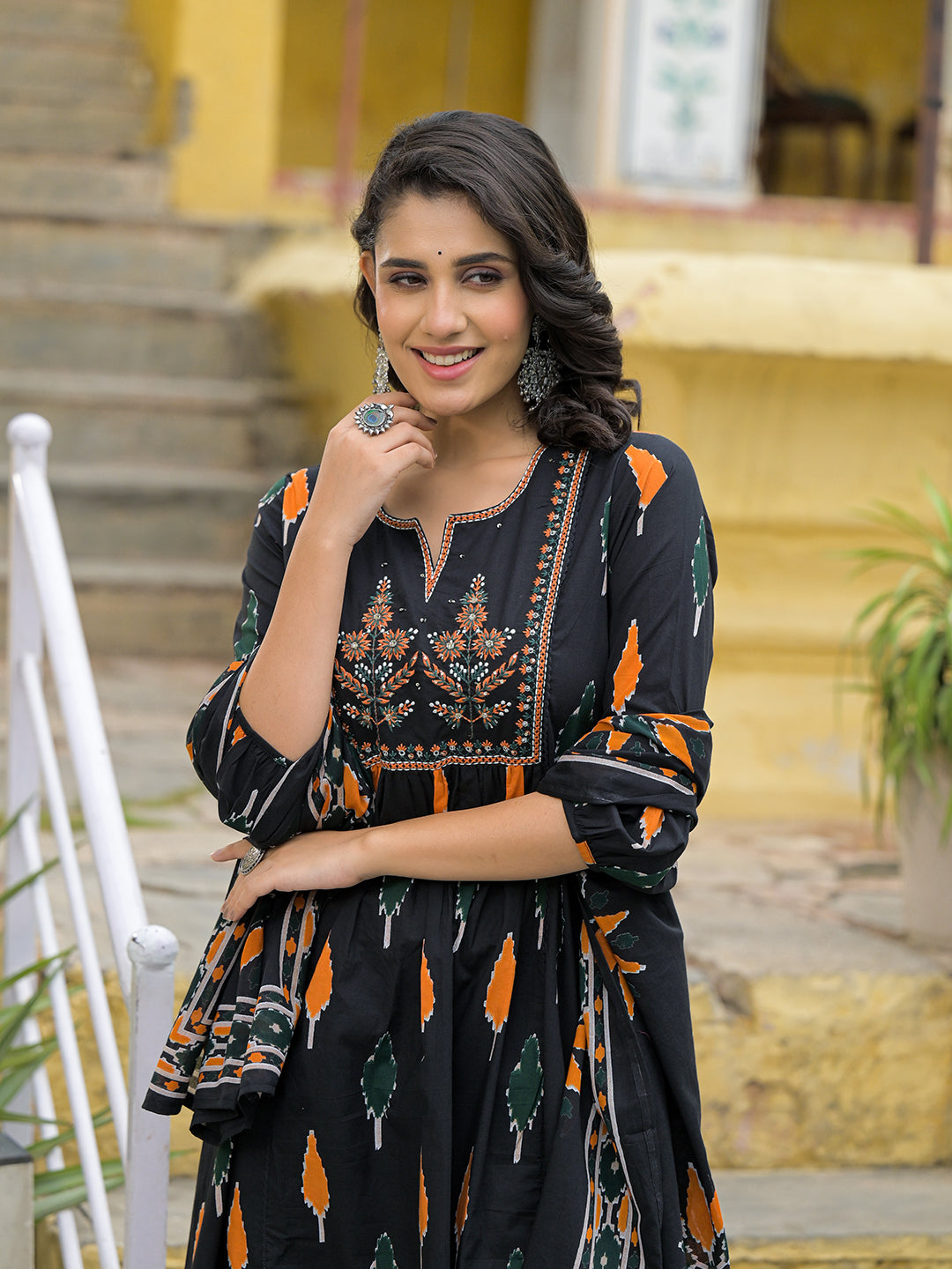 Divena Black Cotton Embroidery Kurta Pant Set with Dupatta