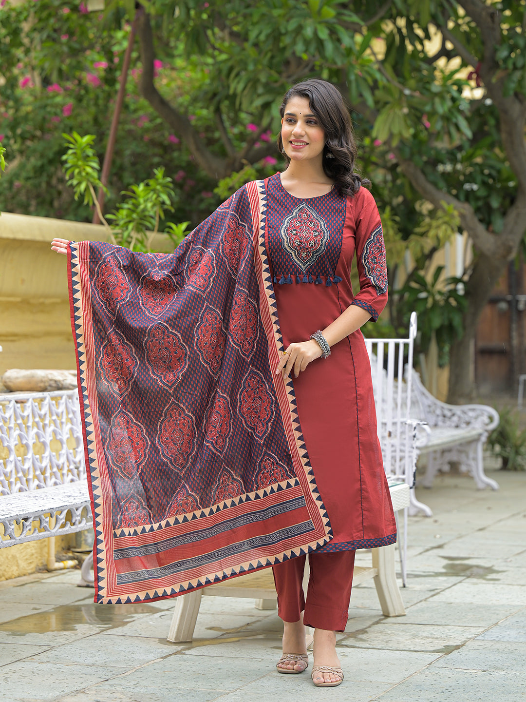 Divena Maroon Cotton Round neck Yoke work kurta Pant Set With Dupatta