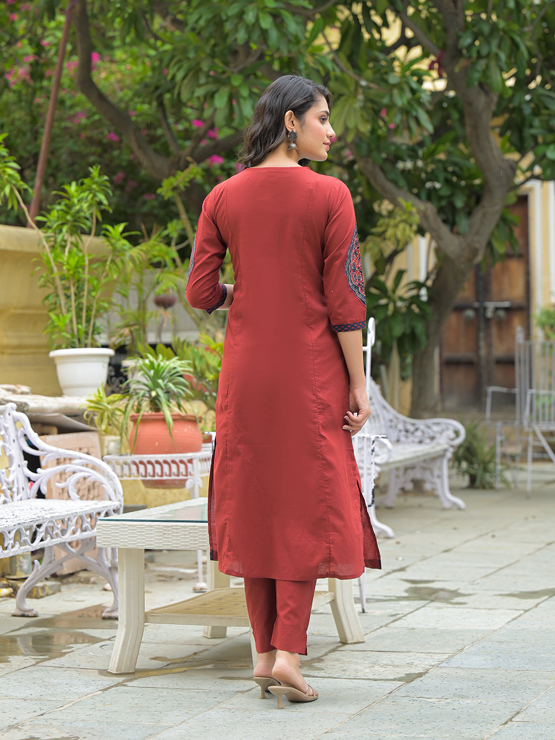 Divena Maroon Cotton Round neck Yoke work kurta Pant Set With Dupatta