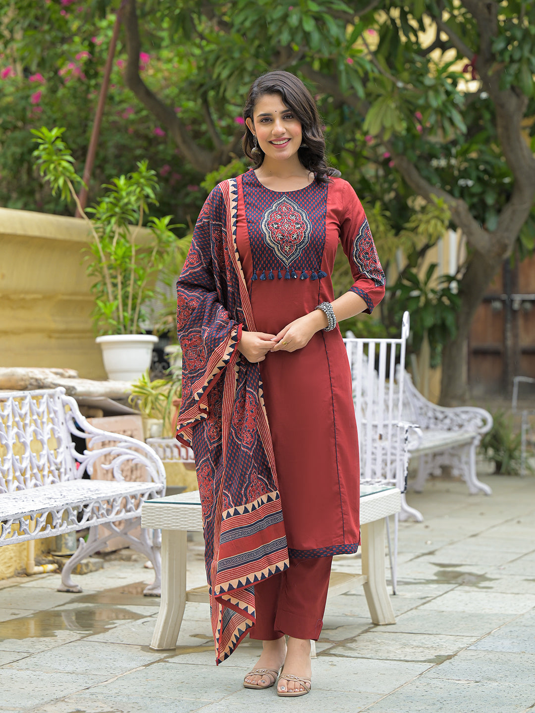 Divena Maroon Cotton Round neck Yoke work kurta Pant Set With Dupatta