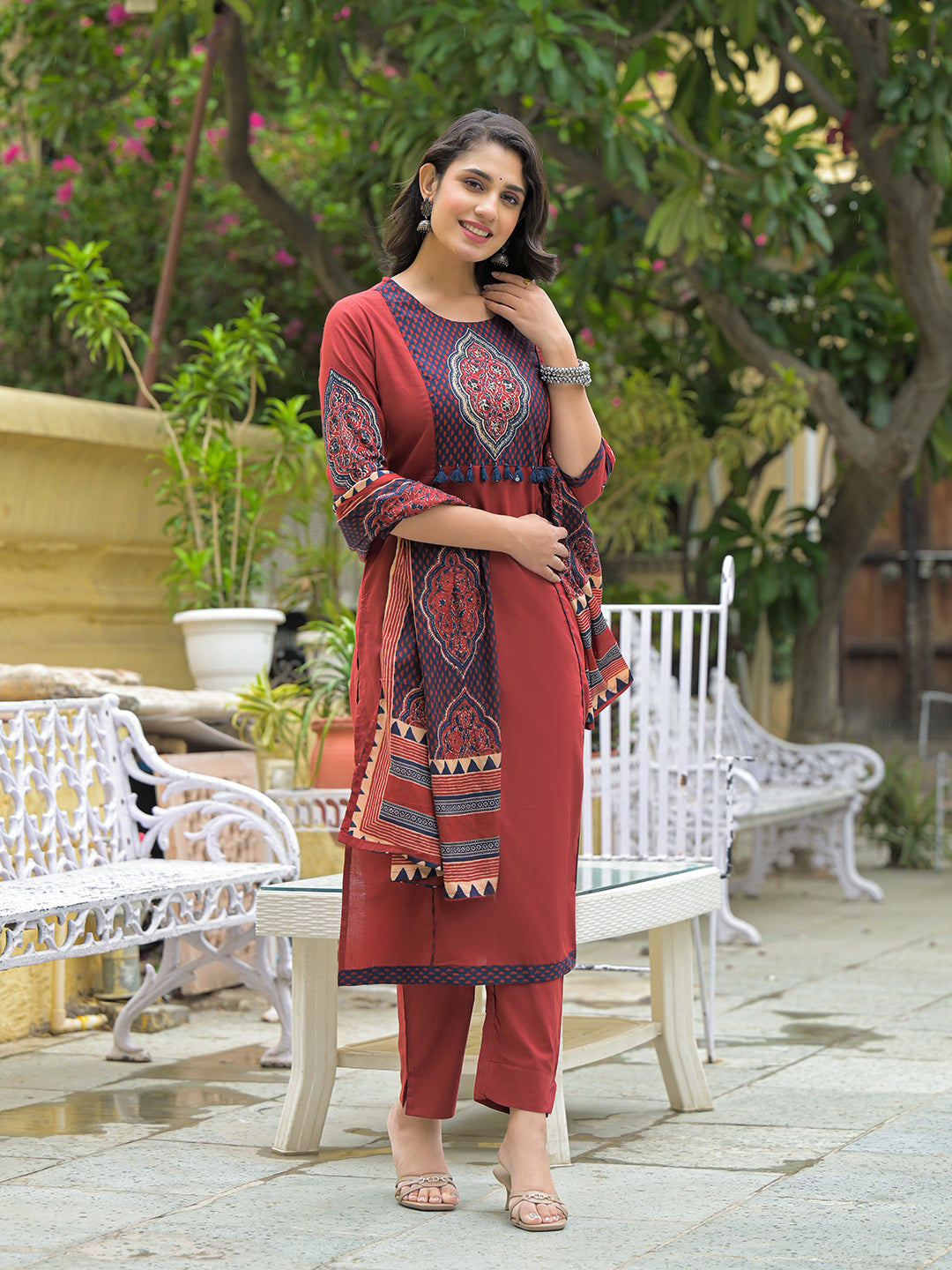Divena Maroon Cotton Round neck Yoke work kurta Pant Set With Dupatta