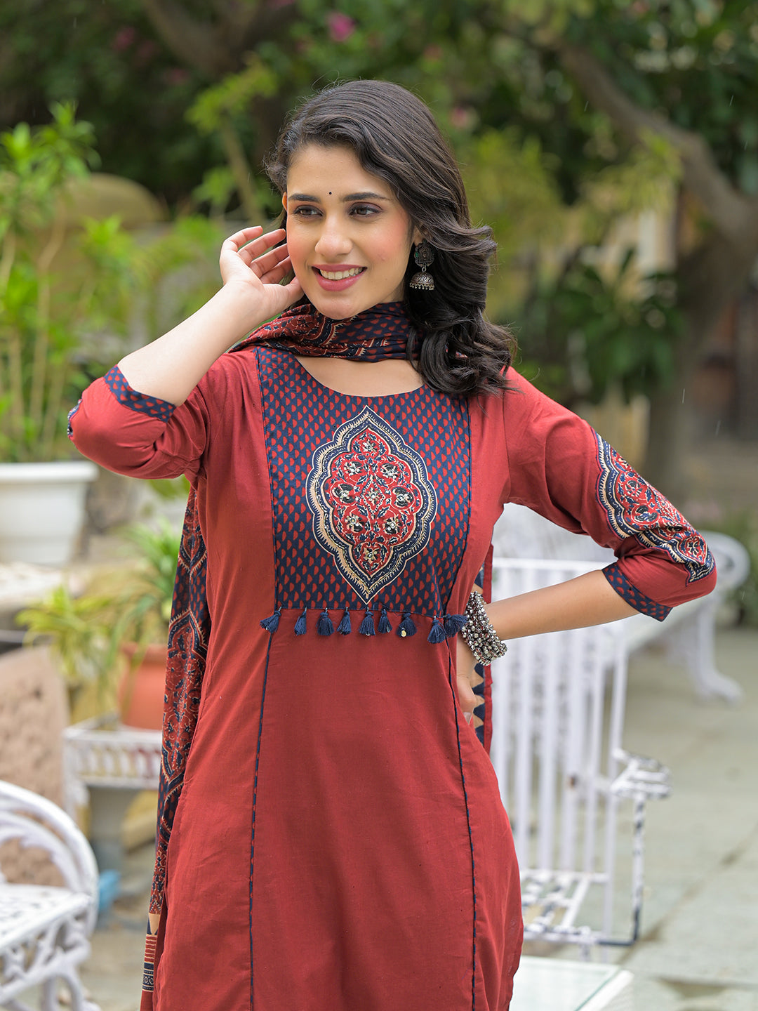 Divena Maroon Cotton Round neck Yoke work kurta Pant Set With Dupatta