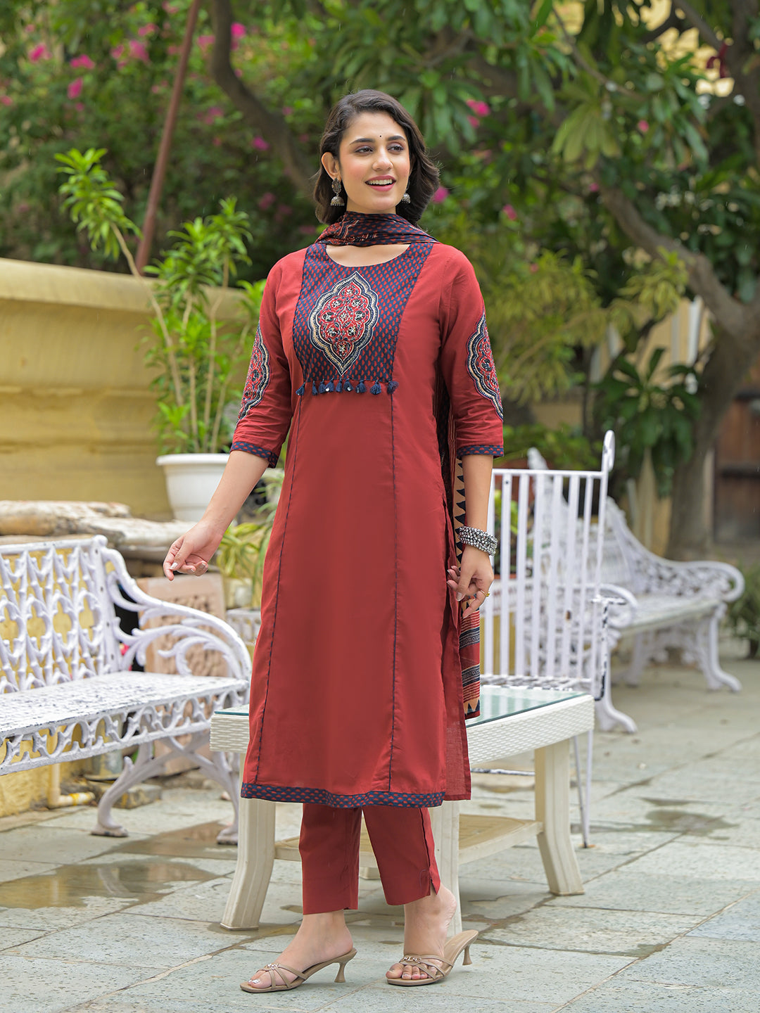 Divena Maroon Cotton Round neck Yoke work kurta Pant Set With Dupatta
