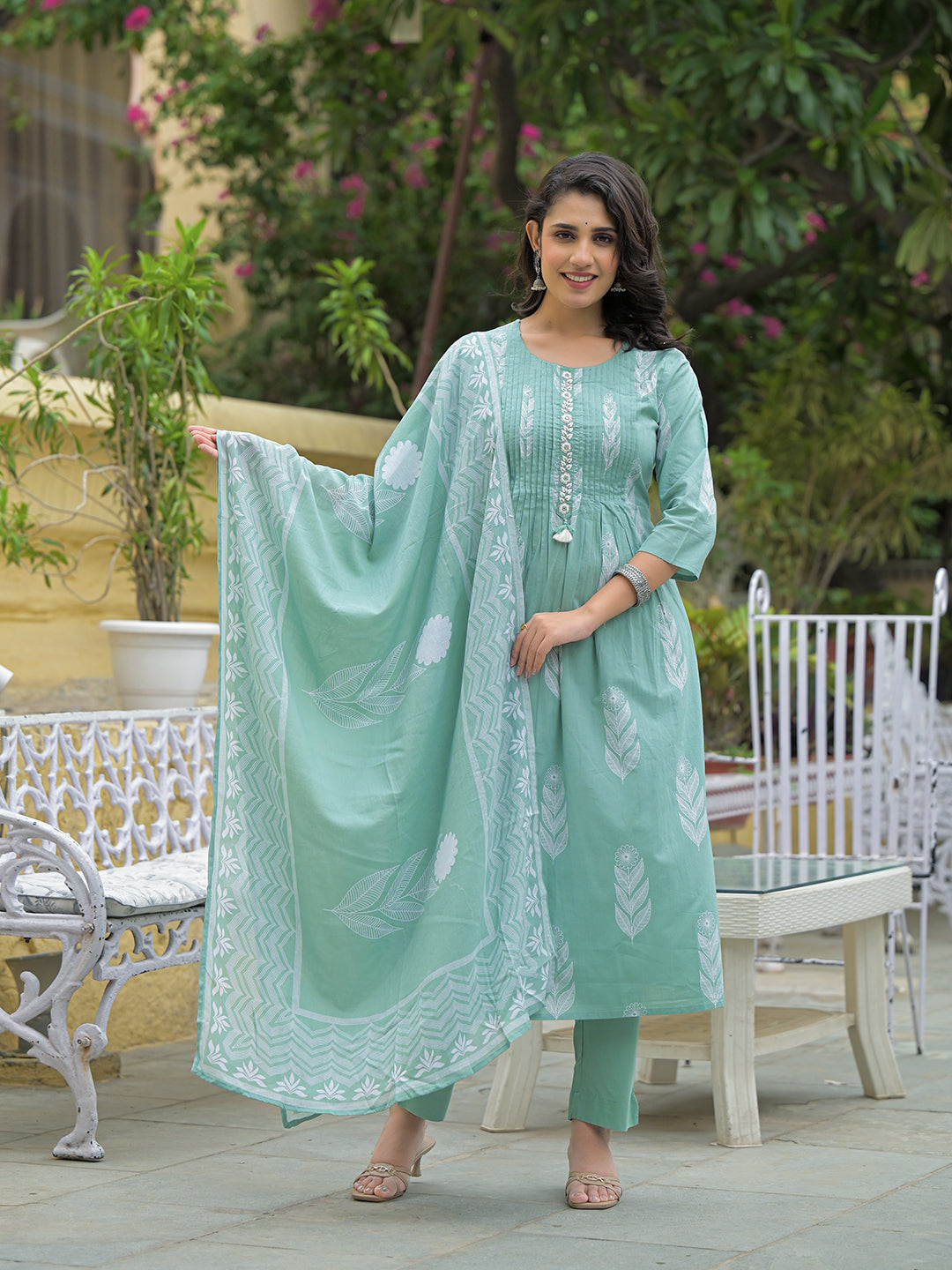 Divena Teal Green Cotton Pintuck Design Kurta pant set with Dupatta
