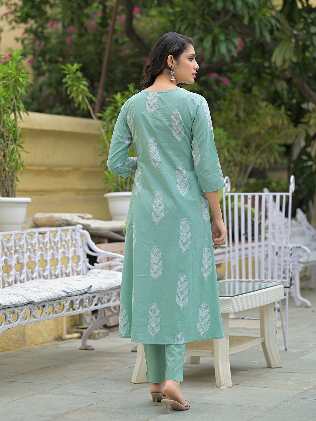 Divena Teal Green Cotton Pintuck Design Kurta pant set with Dupatta