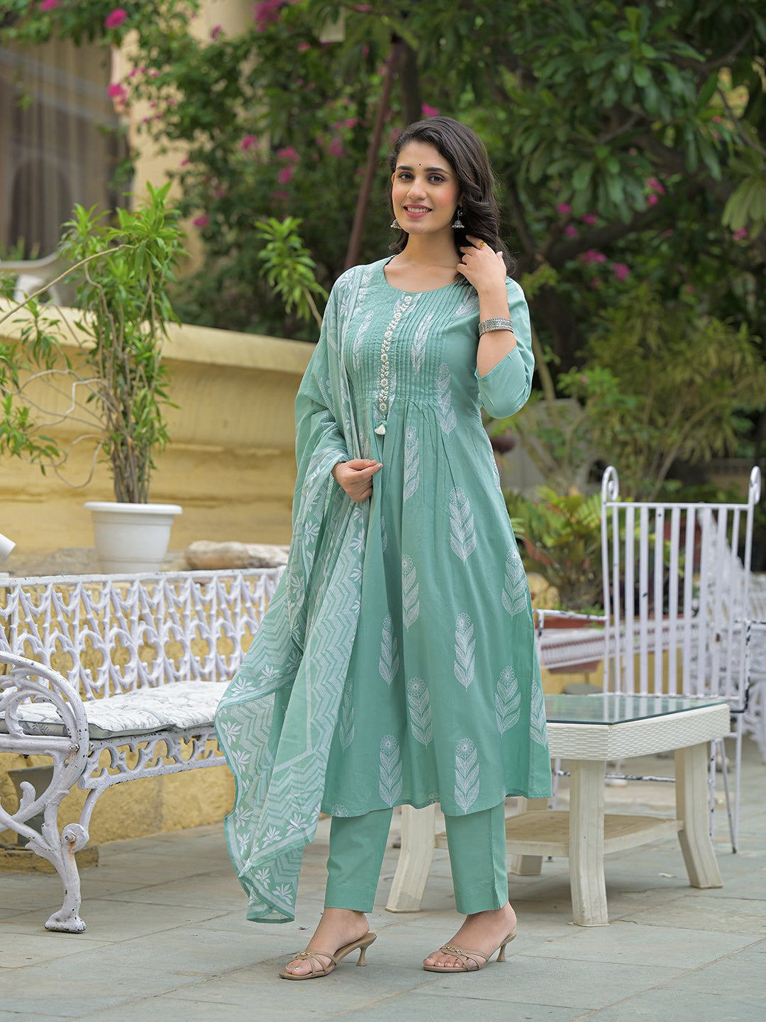 Divena Teal Green Cotton Pintuck Design Kurta pant set with Dupatta
