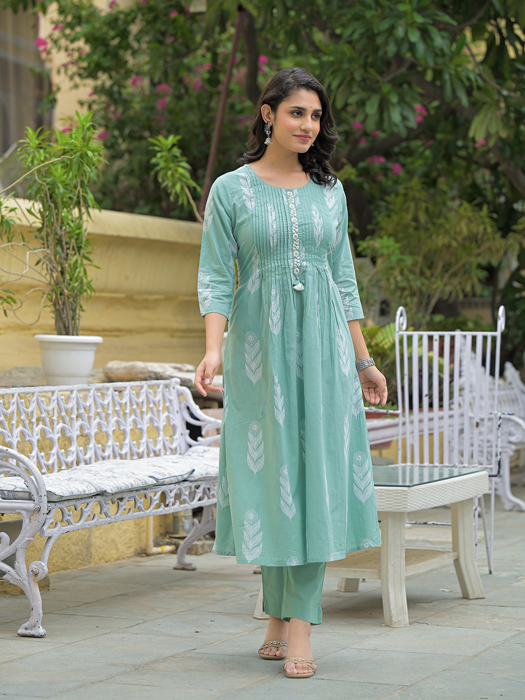 Divena Teal Green Cotton Pintuck Design Kurta pant set with Dupatta