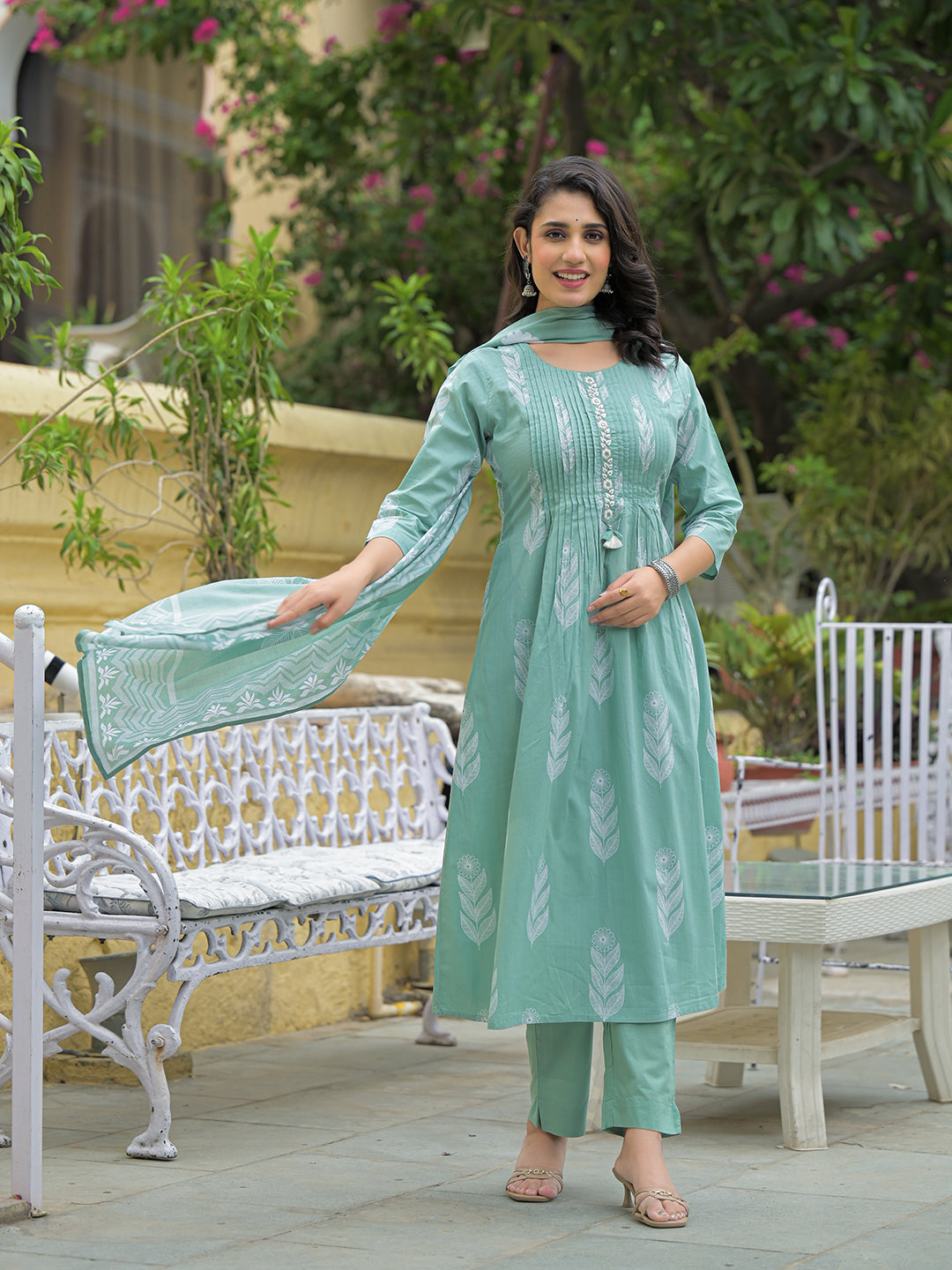 Divena Teal Green Cotton Pintuck Design Kurta pant set with Dupatta
