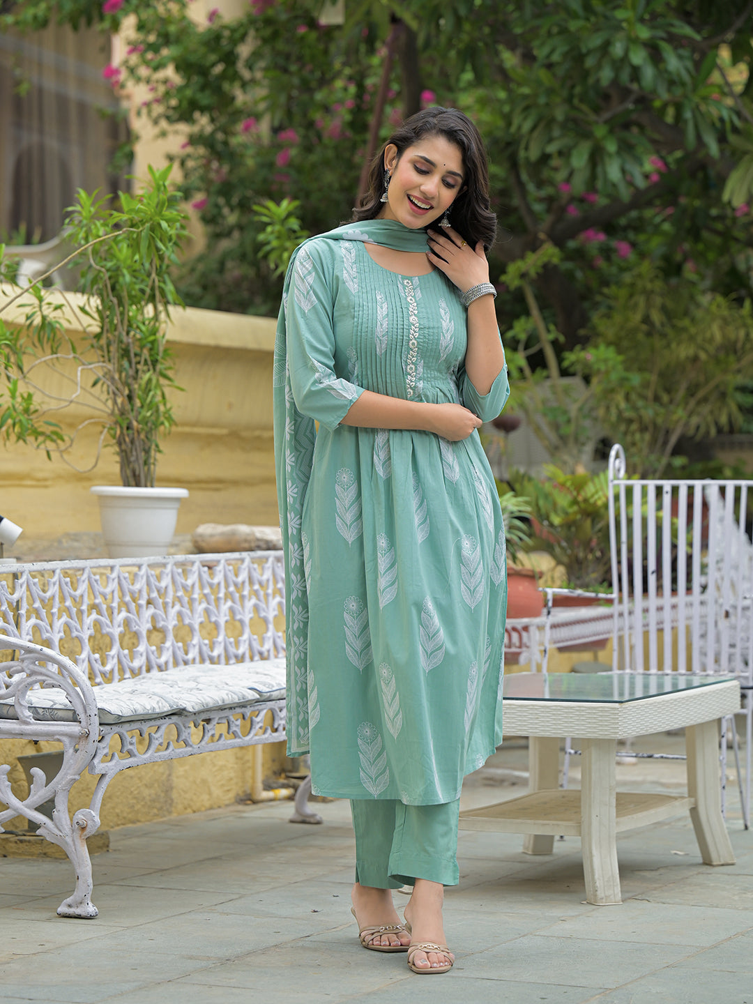 Divena Teal Green Cotton Pintuck Design Kurta pant set with Dupatta