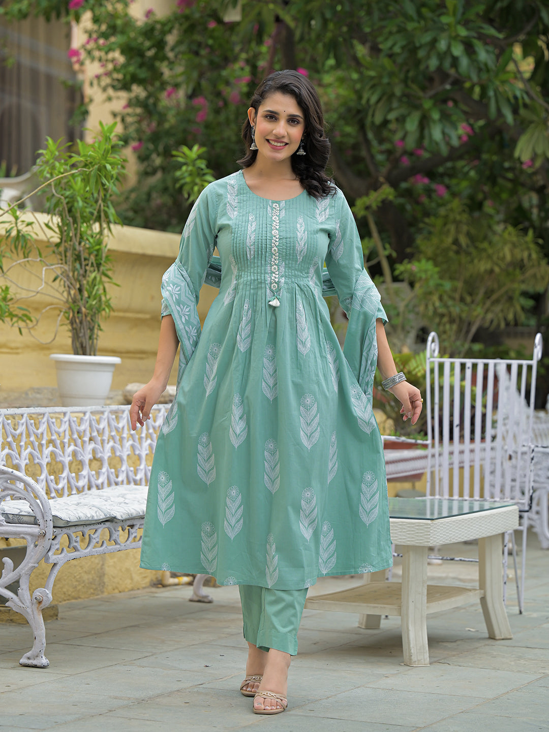 Divena Teal Green Cotton Pintuck Design Kurta pant set with Dupatta