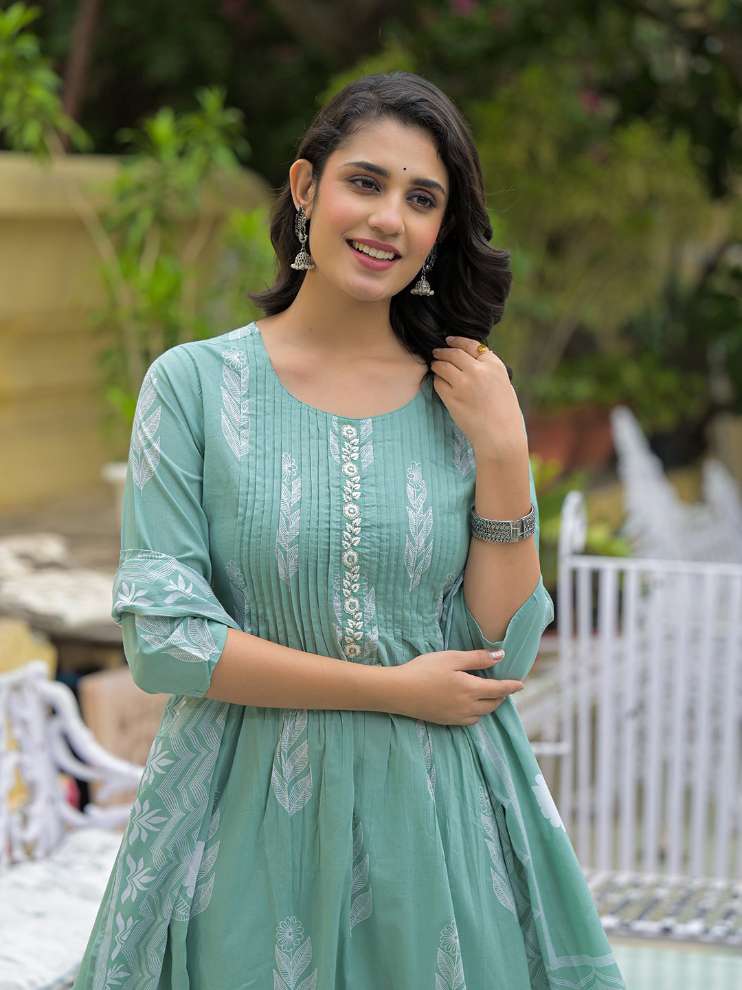 Divena Teal Green Cotton Pintuck Design Kurta pant set with Dupatta