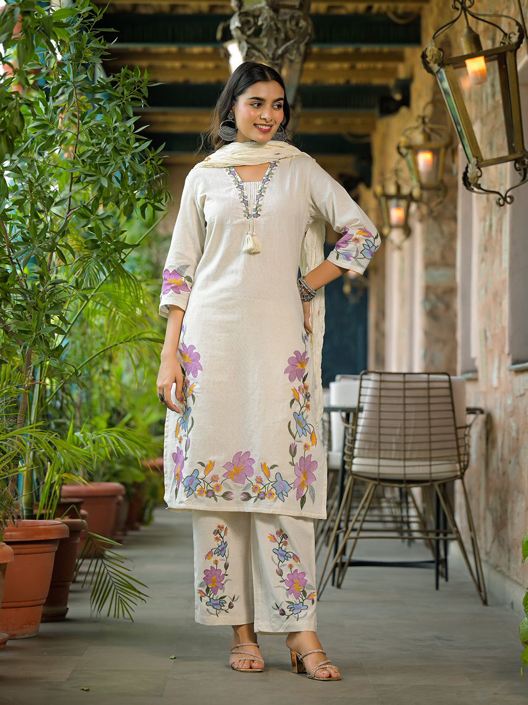 Divena Off White Embroidered Cotton Kurta Sets With Dupatta