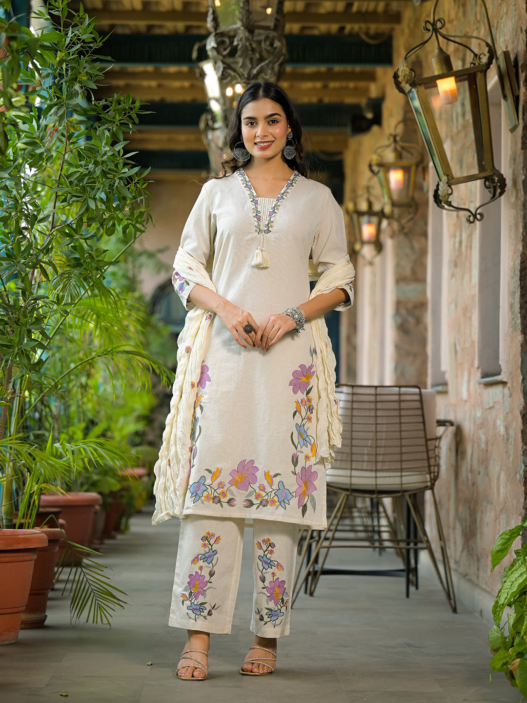 Divena Off White Embroidered Cotton Kurta Sets With Dupatta