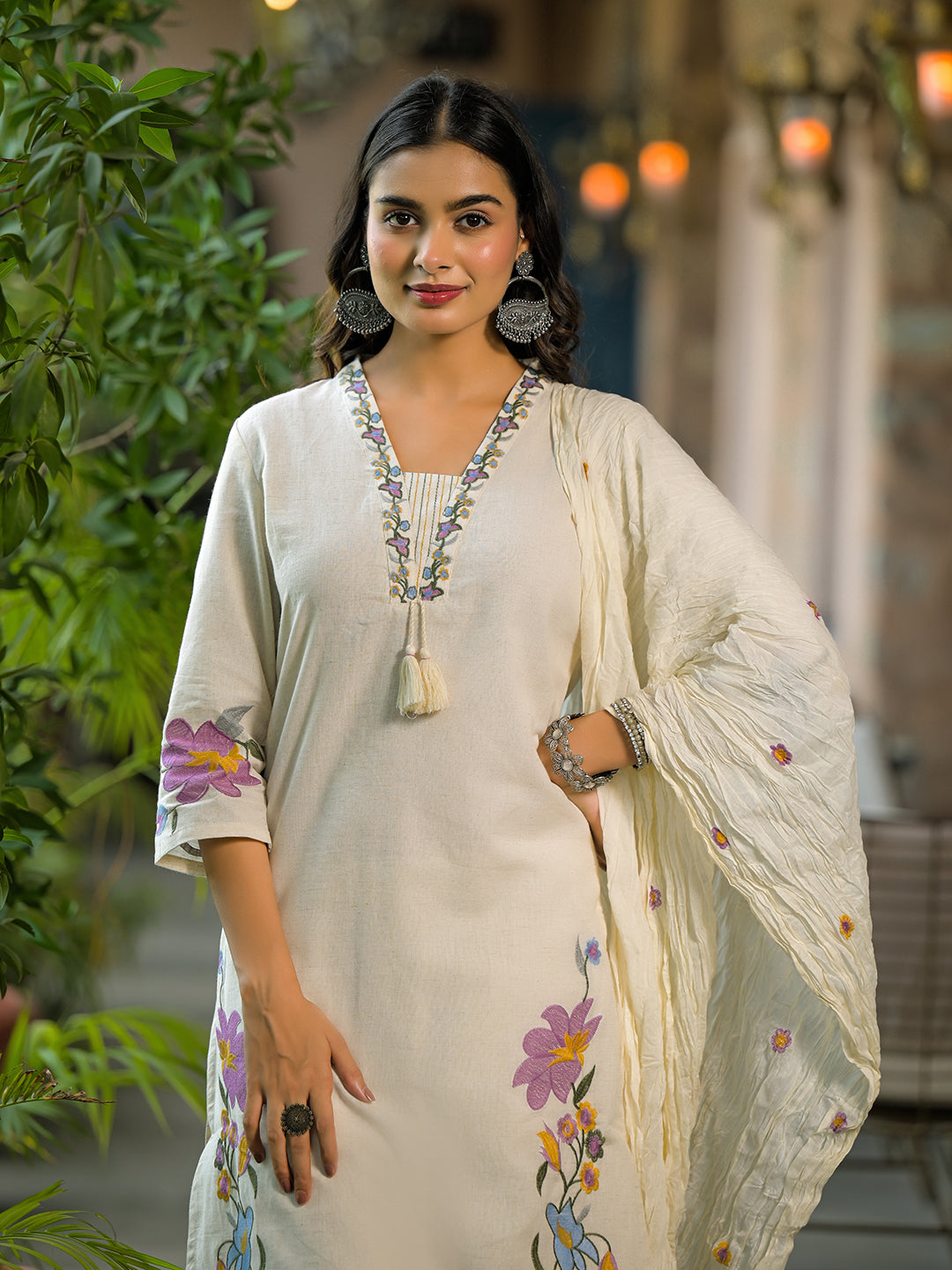 Divena Off White Embroidered Cotton Kurta Sets With Dupatta