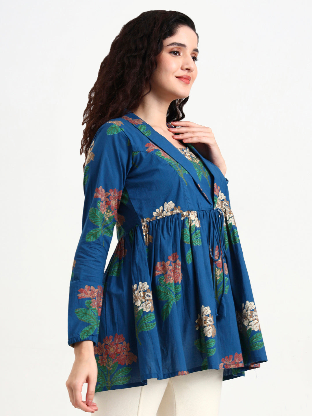 Divena Sky Blue Floral Print Cotton Top