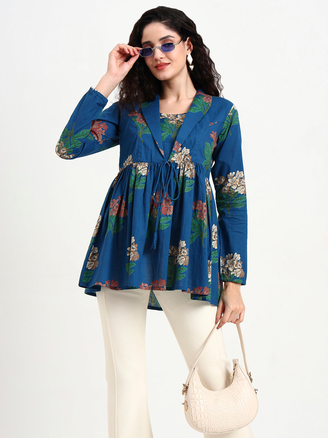 Divena Sky Blue Floral Print Cotton Top