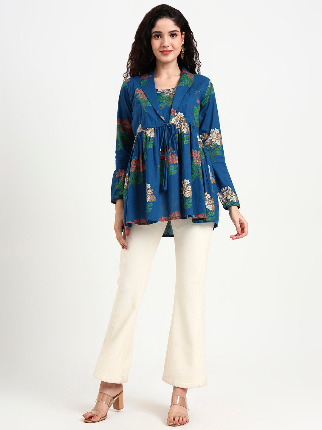 Divena Sky Blue Floral Print Cotton Top