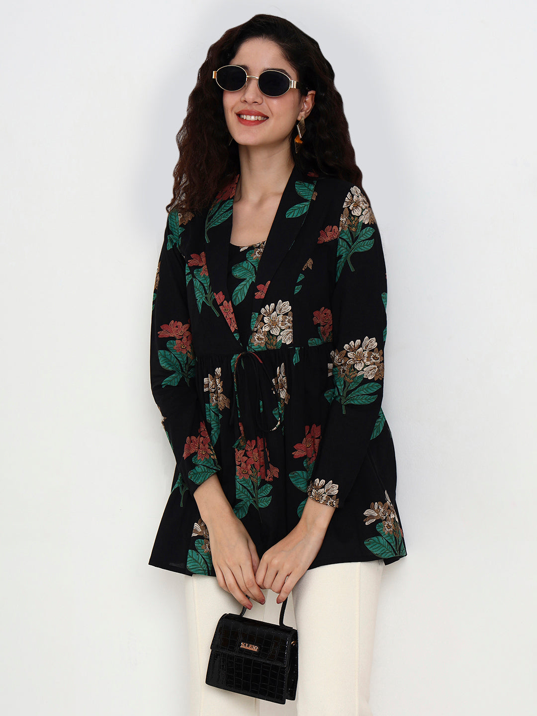 Divena Black Floral Print Cotton Top