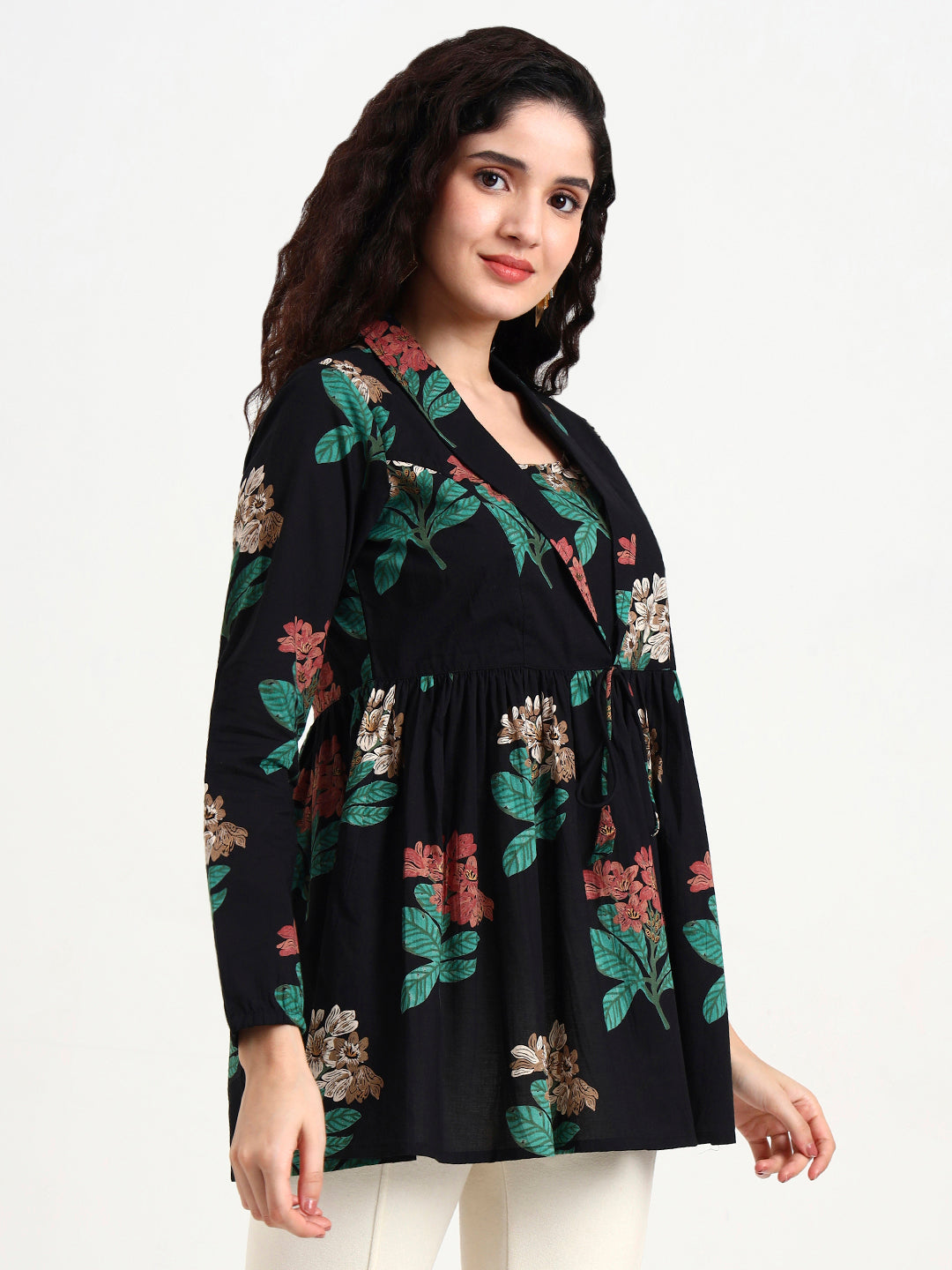 Divena Black Floral Print Cotton Top